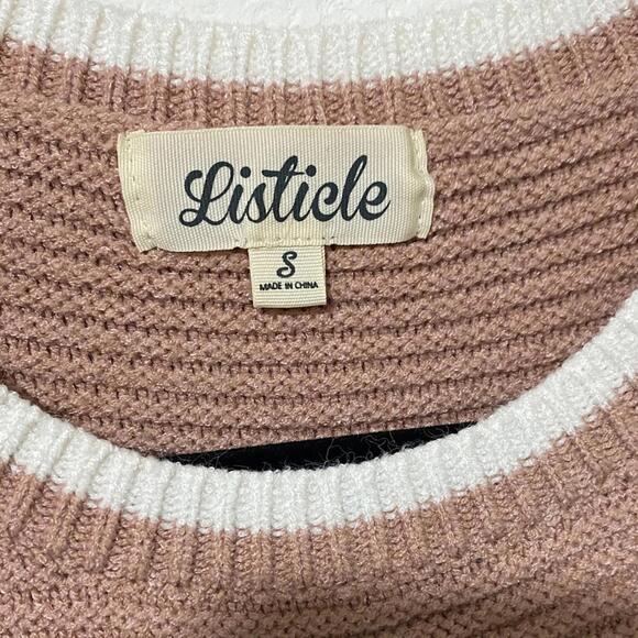 Long Sleeve Striped Crew Neck Knit Sweater Pink and White Small Cozy Comfy - Picture 2 of 4